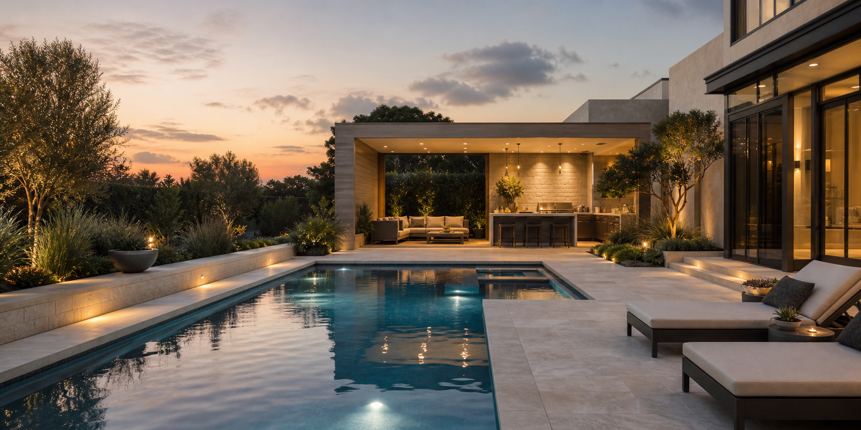 Luxury modern pool courtyard with outdoor seating