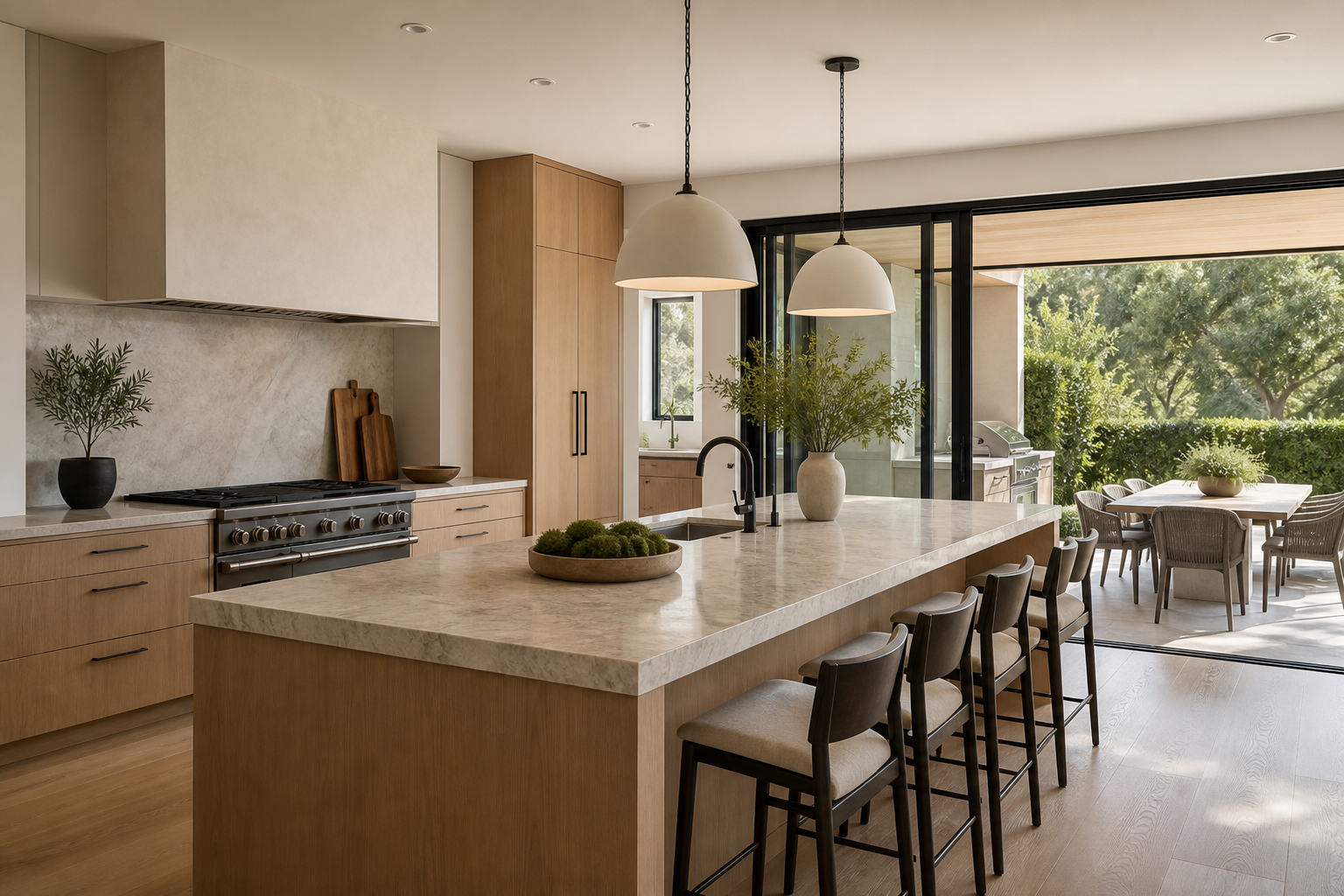 Modern kitchen with bright stone counters and warm cabinetry
