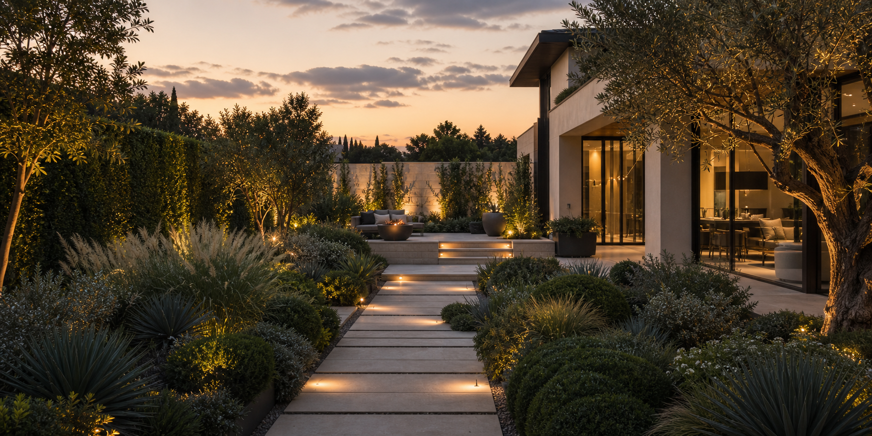 Modern home with layered landscape and exterior lighting