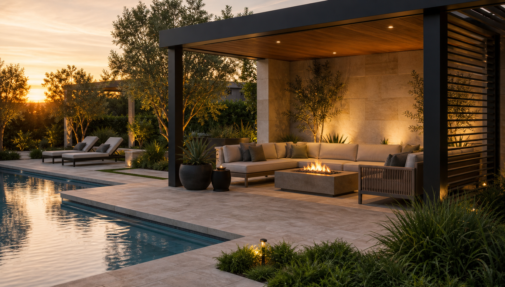 Modern outdoor living terrace with lounge furniture